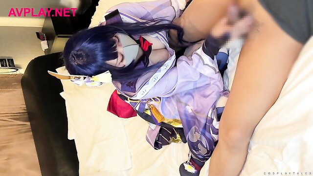 Hot purple-haired cosplay girl in kimono POV sex closeup