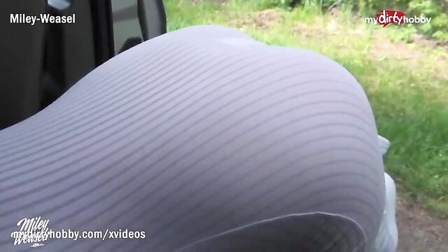 Miley Weasel thick blonde ass up in tight white leggings outdoor tease