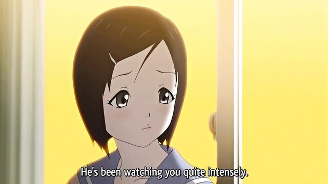 Anime hentai girl with short brown hair looking surprised, watched intensely