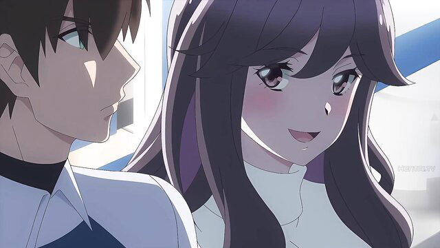 Anime couple close-up: girl with long purple hair blushes at boy in school uniform