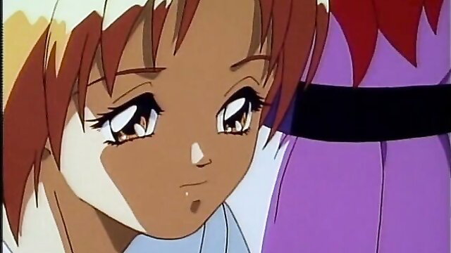 Cute anime girl with big eyes in purple dress, shocked expression