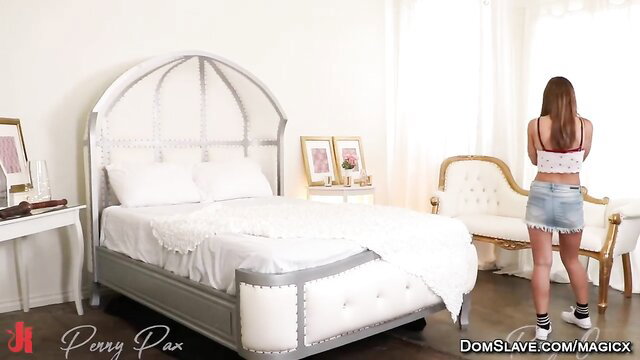 Cherry Pax in tiny denim shorts and socks bends over bed, hot Asian ass tease