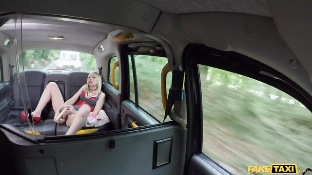 April Paisley blonde in red lingerie legs spread in Fake Taxi cab