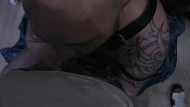 Bald tattooed alpha male throat fucks sub in POV with monster cock