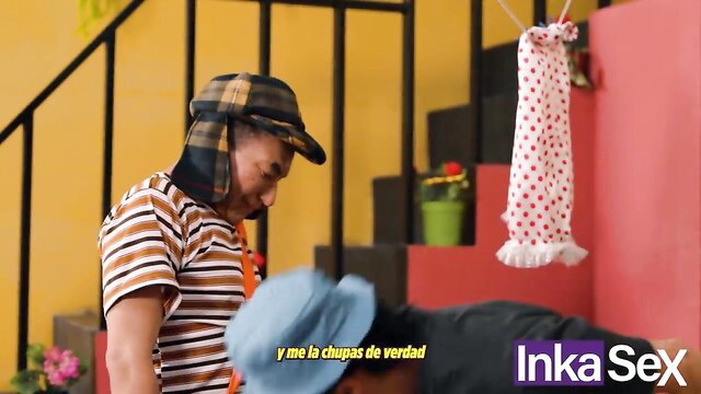 Chubby man in hat rims Cholondrina in rent collection parody scene