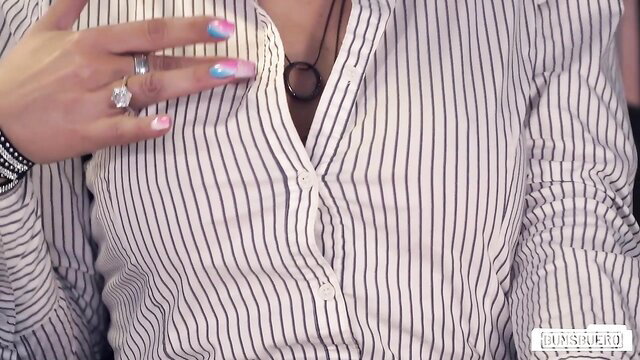 Lana Vegas teases in striped blouse, interracial office affair