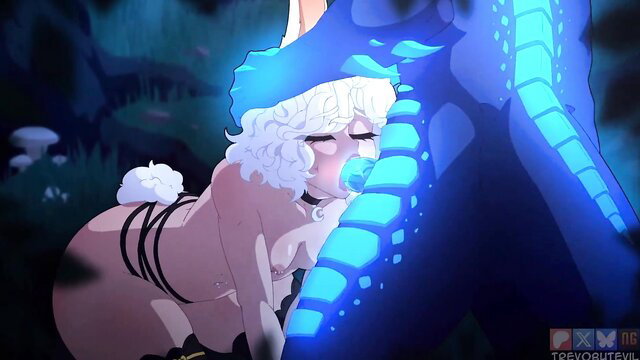 Bunny girl with pacifier nuzzled in blue dragon's maw in forest