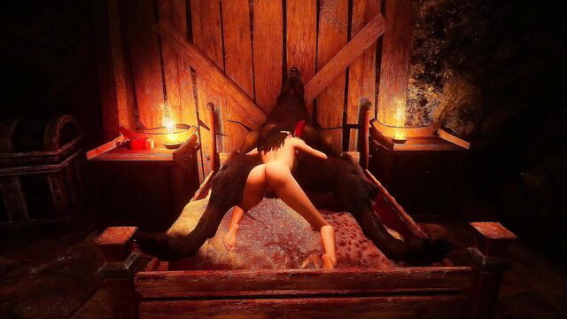 Nude elf girl with black hair fucked doggystyle by beast on bed in Serana's Side Quest