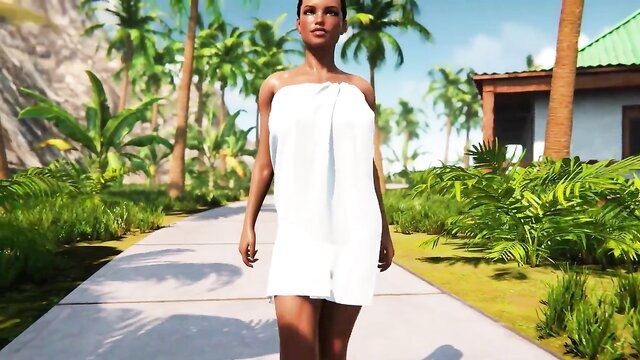 Ebony beauty in short white towel walks seductively in tropical paradise