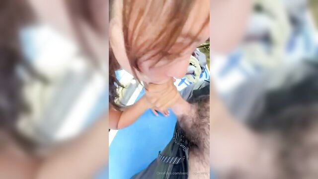 Veronica Perasso redhead giving outdoor blowjob by lake