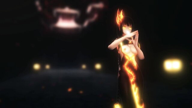 Fiery anime girl in sexy flame dress does masturbation dance, Tougen Renka hentai