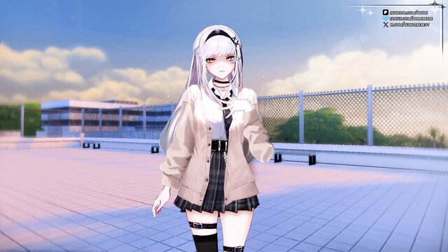 Anime white-haired Chinese classmate in skirt, thigh highs, seductive pose