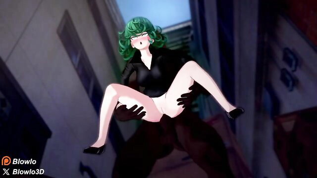 Tatsumaki lifted and spread by gloved hands in alley, exposed pussy