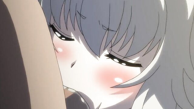 Blushing anime girl with silver hair nuzzled against thick cock closeup