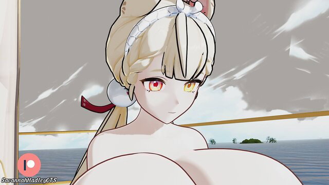 Blonde anime girl Alice with massive tits topless on beach aphrodisiac overdose