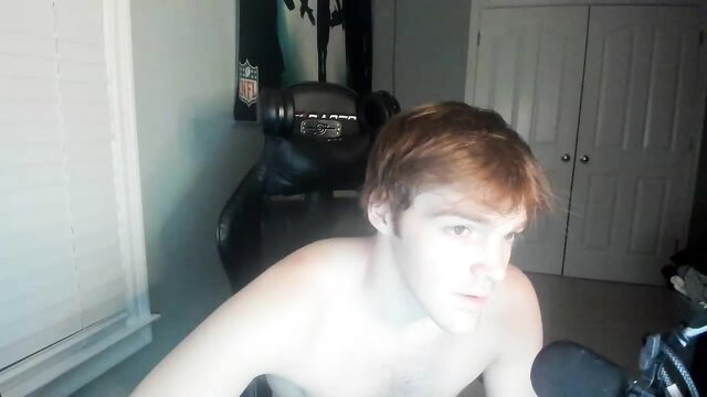 Shirtless redhead twink gamer guy bare chest webcam tease