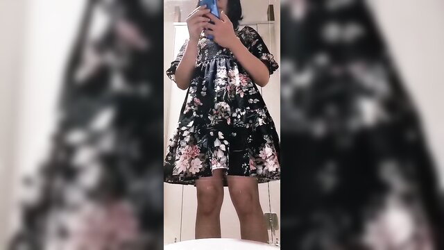 TheaBelle in sexy floral black dress mirror selfie
