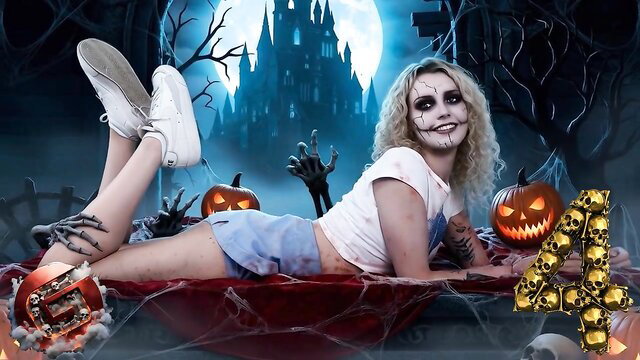 Blonde trans girl in sexy Halloween corpse paint lounging nude on red web