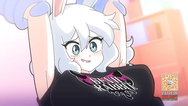 Cute white bunny girl in Devil Rabbit shirt stretches arms, teasing pose