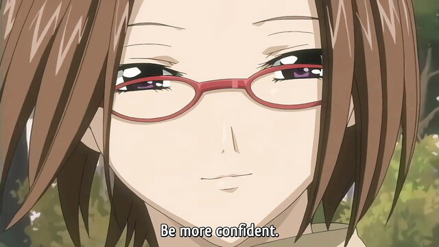 Confident anime girl with glasses in hentai closeup, be more confident