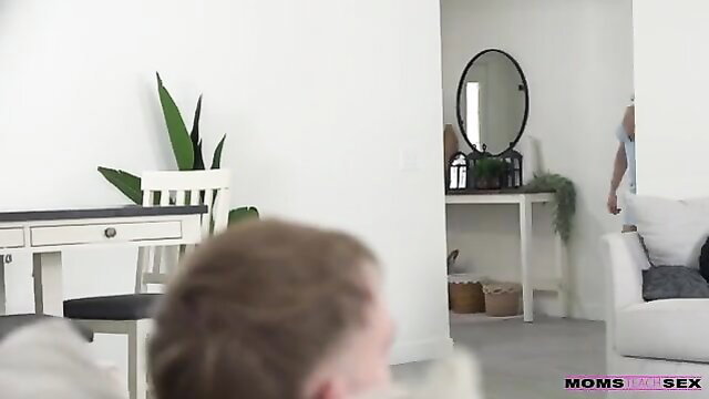 Hot MILF in white lingerie teases from behind in Moms Teach Sex