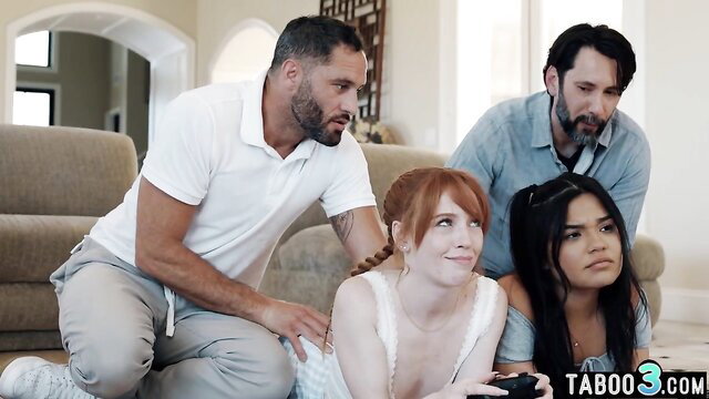 Redhead teen and Hispanic BFF groped by stepdads taboo foursome