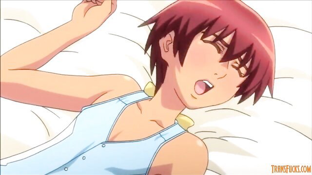 Redhead femboy trap in ecstasy, open mouth, lingerie on bed