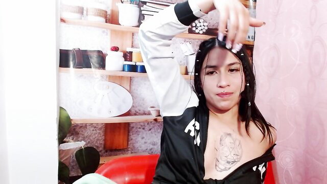 mrssofis strips open jacket flashing huge tattooed tits on cam