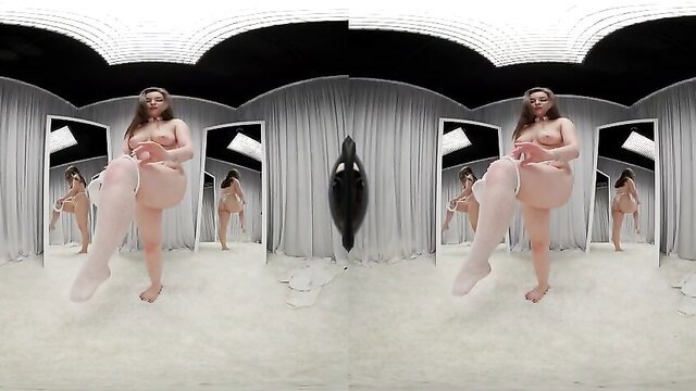 Nude brunette in white stockings poses solo in VR 360 erotic scene