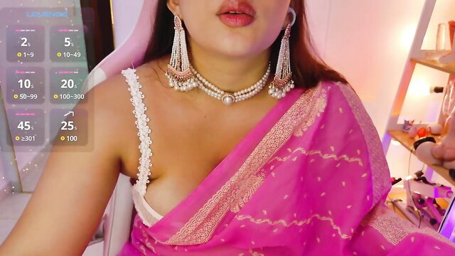 Ashalisha in pink saree unveils cleavage, sensual Indian beauty lips parted