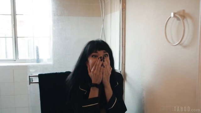 Little Puck shocked expression in bathroom, black lingerie