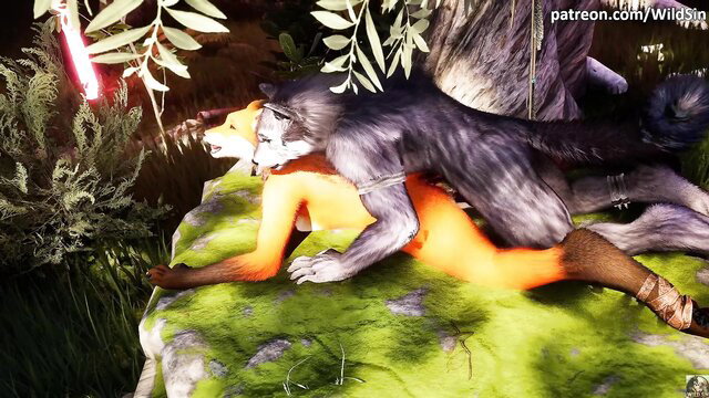 Werewolf pounding fox girl doggystyle in forest
