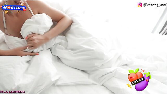 Busty stepmom in lingerie caught masturbating in bed, HD porn thumbnail