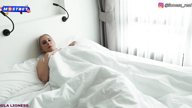 Mila Lioness blonde stepmom in bed, caught masturbating tease
