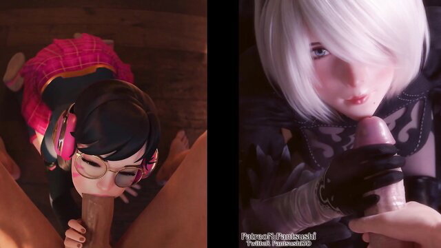D.Va cosplay blowjob and 2B fellatio with dildo sex thumbnail