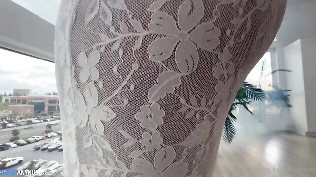Lily Alcott in white lace lingerie closeup, sexy curves