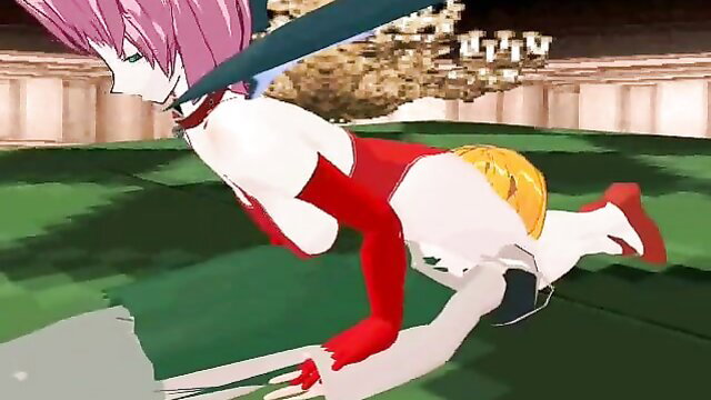 Pink-haired anime girl in red lingerie bent over in MMD ryona pose