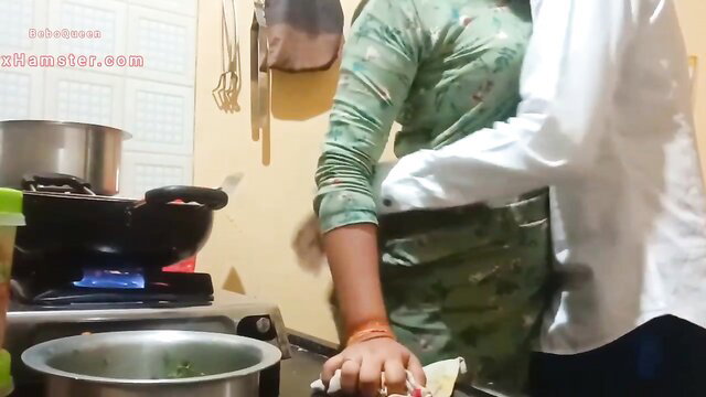 Indian cougar bent over kitchen stove fucked by man in shirt