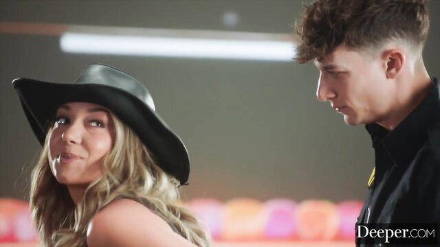 Remy LaCroix in hat smirks seductively with hot guy, wild ecstasy tease