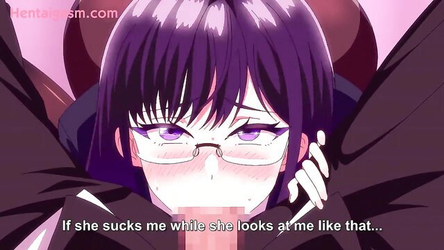 Purple-haired anime girl with glasses gives intense eye-contact blowjob