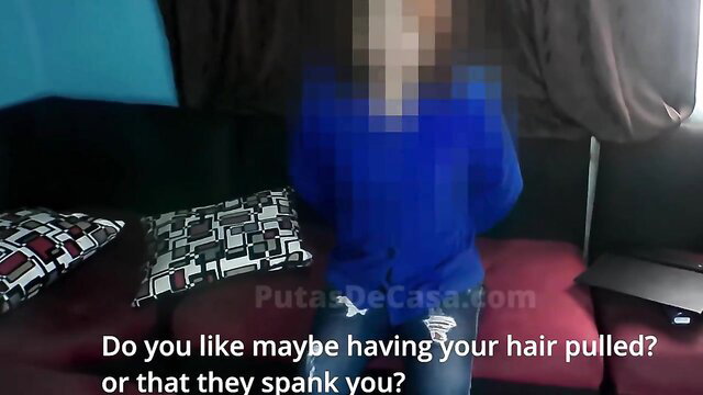 Young Latina in casting teases hair pulling and spanking kinks