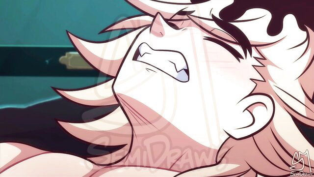 Anime man ejaculating with closed eyes
