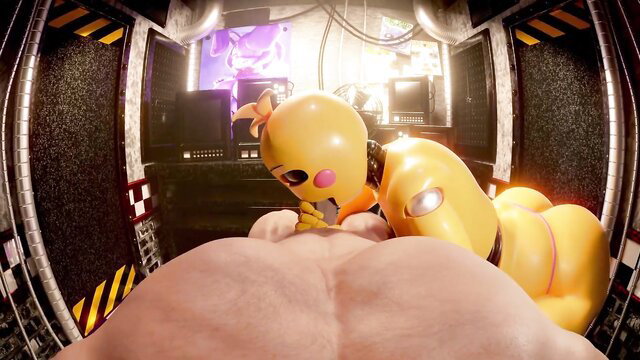 Toy Chica femboy yellow fursuit inflated ass worship in sci-fi room