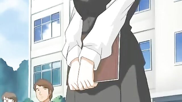 Anime schoolgirl in uniform holding book outside school building
