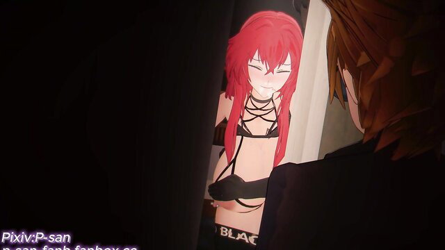 Rias Gremory redhead anime girl in black strappy lingerie NTR preview