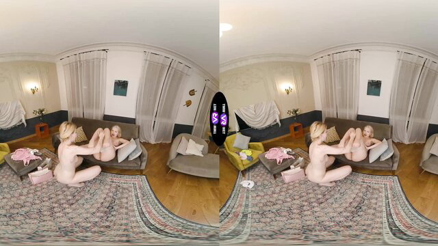 Sara Bork and Stacy Fort nude VR lesbian scissoring on couch