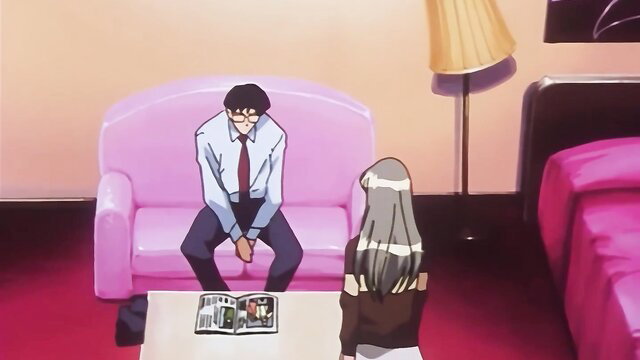 Anime JAV couple on pink couch, silver-haired girl with suited guy