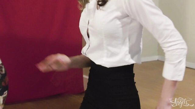 Casey Kisses dances in tight white blouse and black skirt