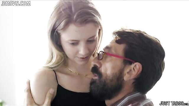 Blonde stepdaughter kissed intimately by bearded daddy in taboo scene