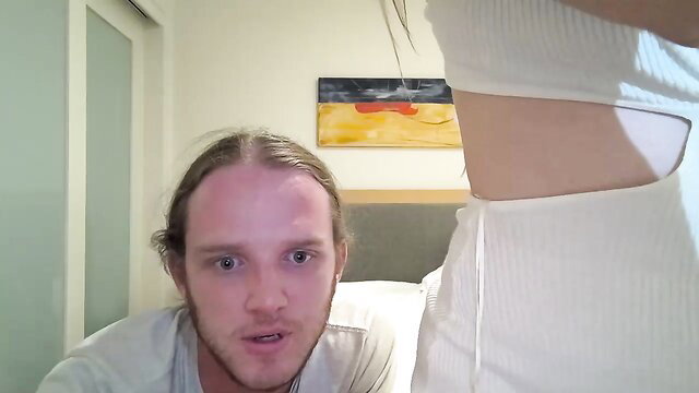 sophsex69 teases in tight white cutout top, long hair guy watches closeup